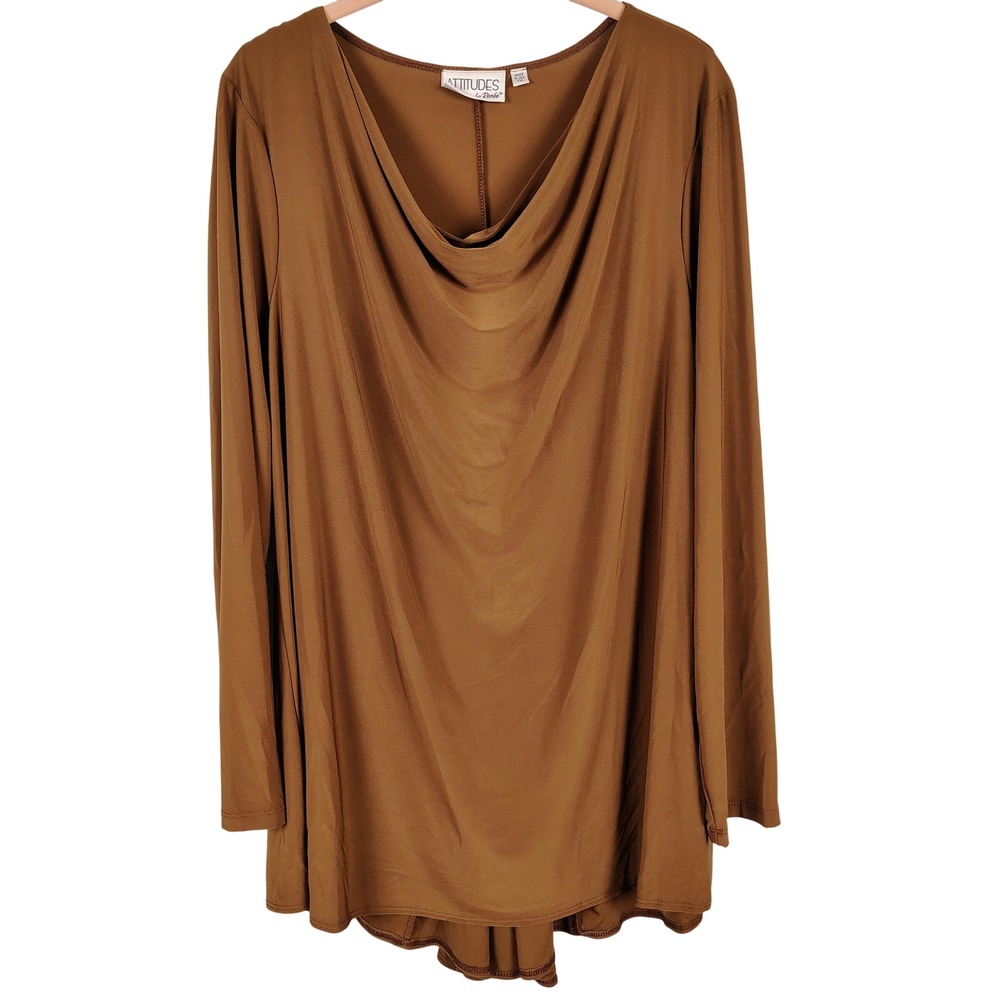 Womens 1X Attitudes by Renee Cowl Neck Tunic Brown Stretch Minimalist T326